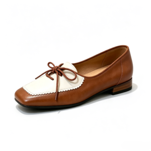 Women Square Toe Bow Loafers, Brown & White Patchwork Soft Leather Flats, Vintage Casual Work Dress Shoes