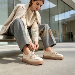 Women off white genuine leather lace up platform casual sneakers model styling shot