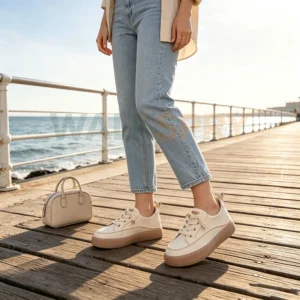 Women off white genuine leather lace up platform casual sneakers model wearing image