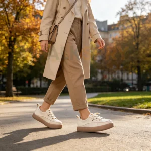 Women off white genuine leather lace up platform casual sneakers on foot image