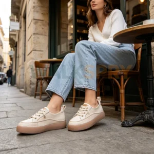 Women off white genuine leather lace up platform casual sneakers on foot shot