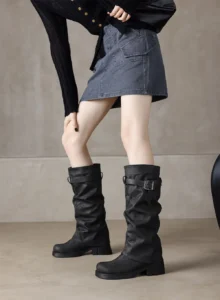 Distressed brown slouch tall women boots, adjustable buckle strap and sturdy block heel