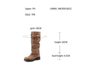 Vintage brown slouch knee high boots for women, buckle accent and thick block heel