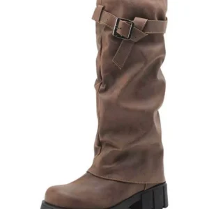 Vintage brown slouch knee high boots for women, buckle accent and thick block heel