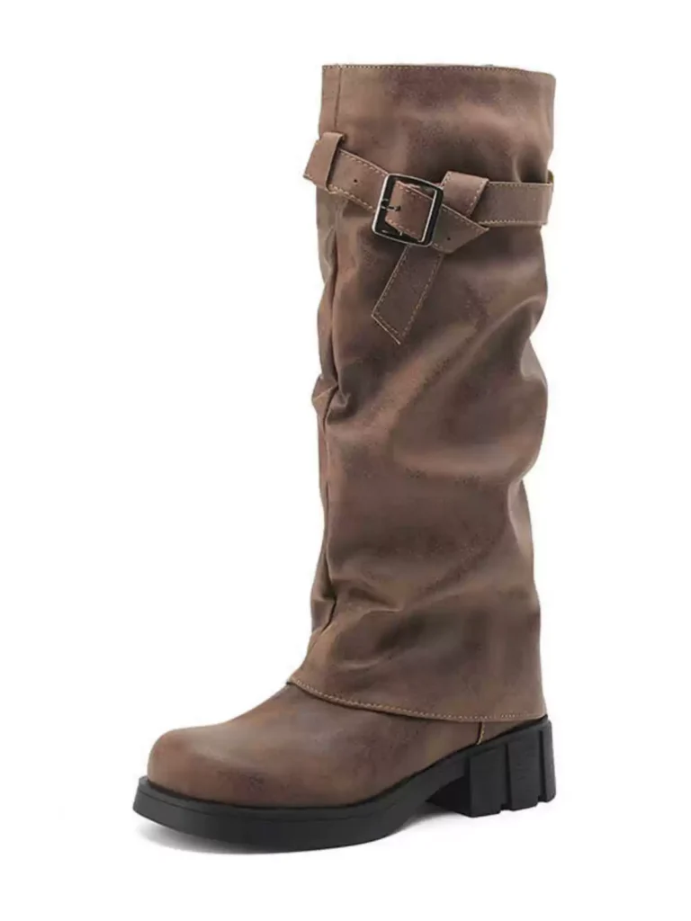 Vintage brown slouch knee high boots for women, buckle accent and thick block heel
