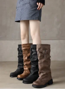 Vintage brown slouch knee high boots for women, buckle accent and thick block heel