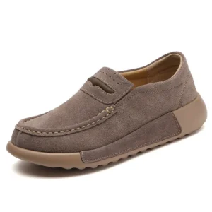 Women's taupe suede slip-on platform loafers, thick cushioned sole, white background