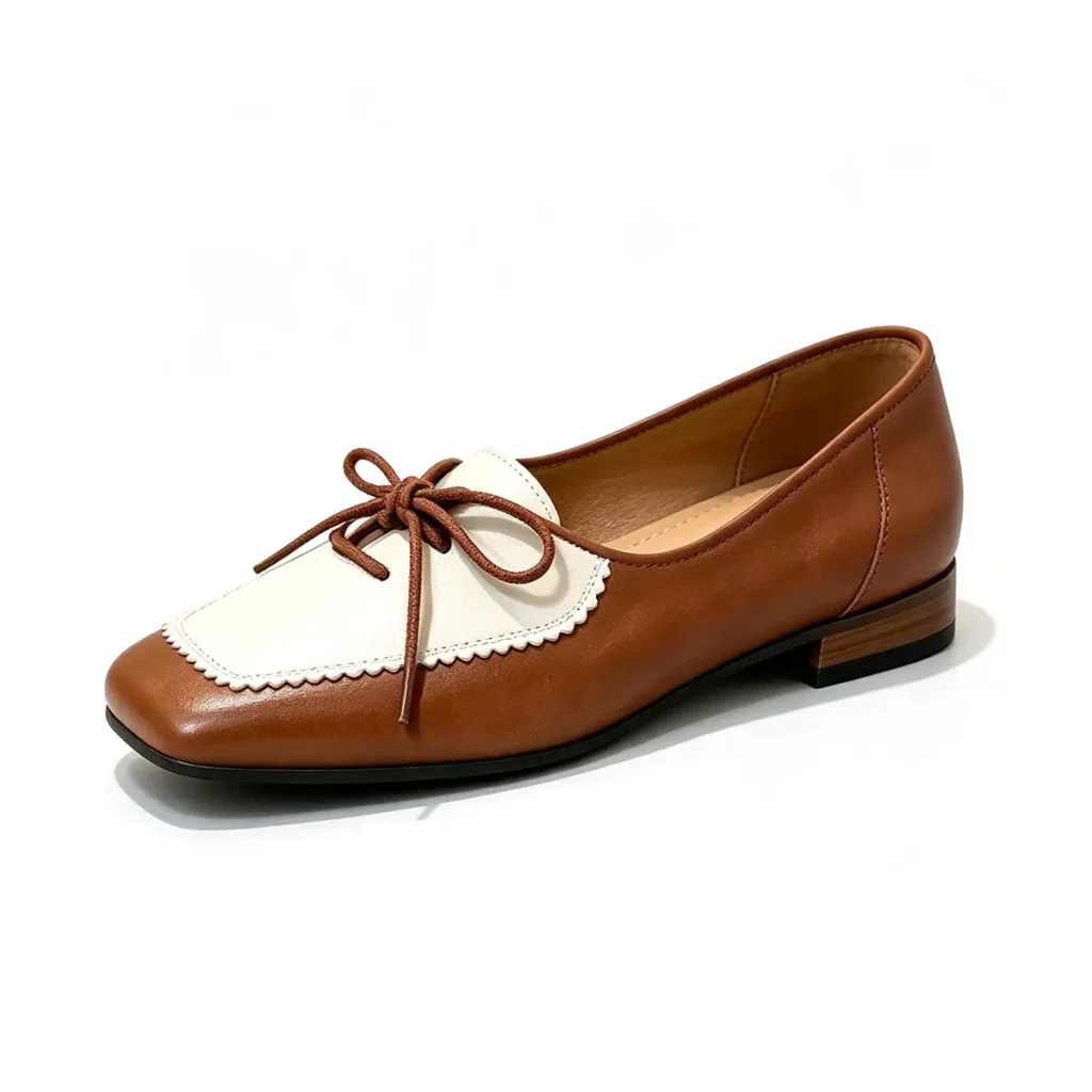 Retro two tone leather look women low heel slip-on shoes with scalloped trim and bow