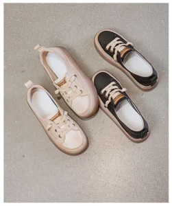 women black and off white genuine leather platform lace up sneakers real shot image