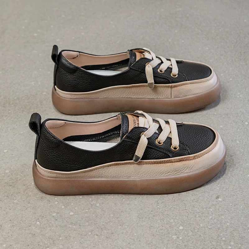 women black genuine leather platform lace up sneakers real shot image