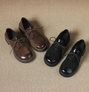 women dark brown and black suede leather lace up block heel oxford shoes real shot image