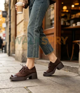 women dark brown suede leather lace up block heel oxford shoes model styling shot