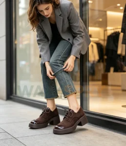 women dark brown suede leather lace up block heel oxford shoes model styling shot image