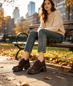 women dark brown suede leather lace up block heel oxford shoes model wearing image