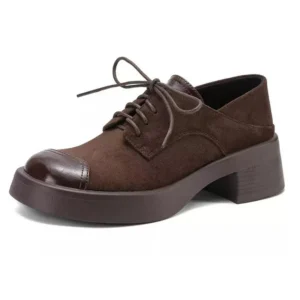 women dark brown suede leather lace up block heel oxford shoes white background