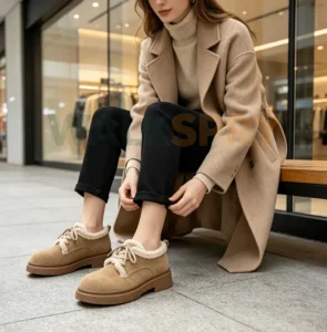 Women's PU lace up winter snow boots, low heel with short plush lining