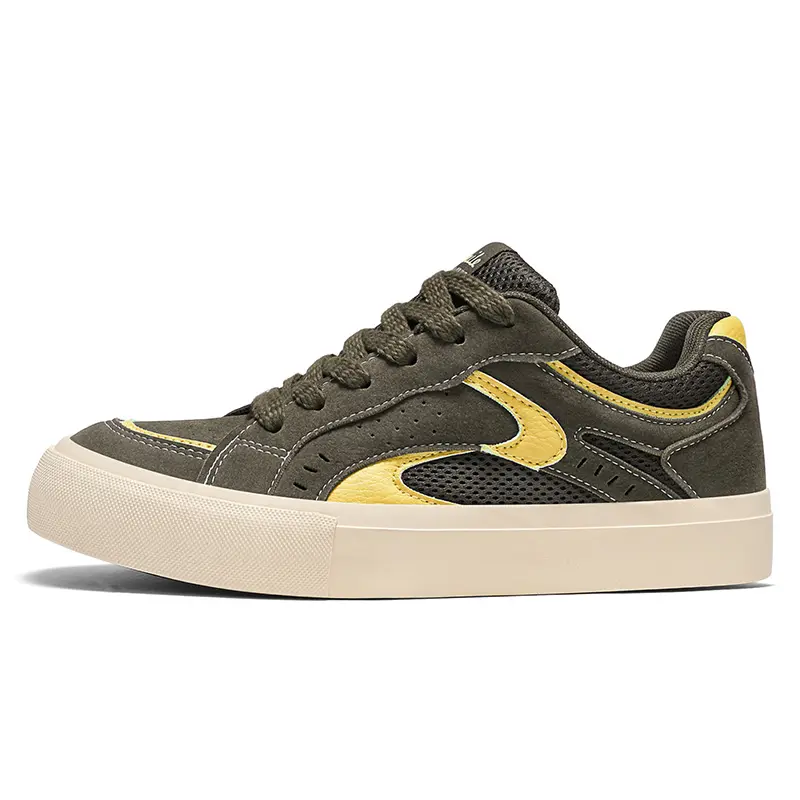 Olive Green Yellow Retro Thick-Soled Breathable Men's Puffy Chunky Bread Skate Shoes Casual Streetwear Sneakers White Background Main Image