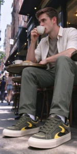 Olive Green Yellow Retro Thick Soled Breathable Men's Puffy Chunky Bread Skate Shoes Casual Streetwear Sneakers model wearing image
