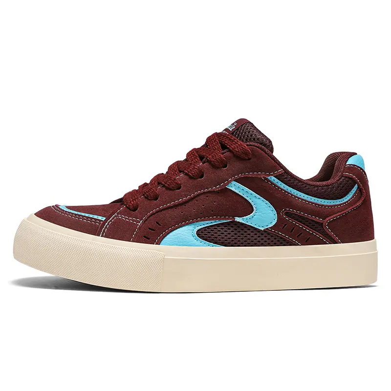 burgundy light blue Retro Thick Soled Breathable Men's Puffy Chunky Bread Skate Shoes Casual Streetwear Sneakers White Background Main Image
